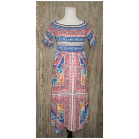 Flying Tomato Long Dress Size Small Floral Short Sleeves Multicolored Boho - Picture 1 of 11